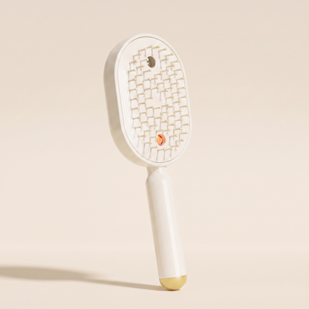 The Ivresse Mist and Glow Brush in beige, showing the cream bristles and champagne gold handle tip.